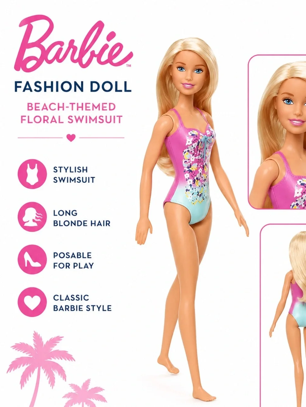 Barbie Blonde Doll in Pink and Aqua Floral Swimsuit